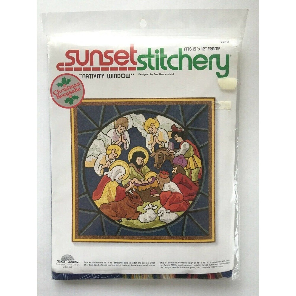 Sunset Stitchery 2090 Nativity Window Vintage 1980 Christmas Stained Glass Look